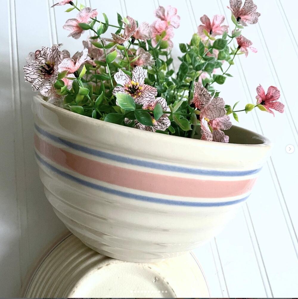 Vintage McCoy Pink Blue Stripe Beehive Nesting Stoneware Mixing Bowls Crazed PR